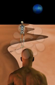Skeleton holds hourglass and man across in abstract desert landscape. Planet Earth view. 3D rendering 