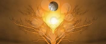 Mystic Tree of Life. Moon in The Sky. Sunset or Sunrise. 3D rendering