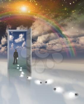 Sky fields of clouds. Opened door to another world. Man passed throug the door. Light bulbs represents man's ideas. 3D rendering