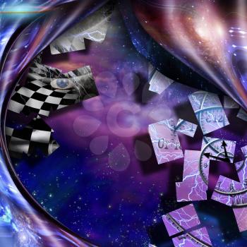 Surrealism. Spirals of time and warped space. Checkered woman's face with lightnings. 3D rendering