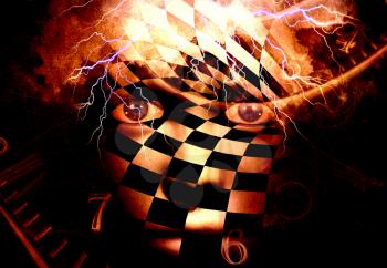 Surrealism. Woman's face with checkered pattern. Spirals of time. 3D rendering.