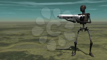 Cyborg with gun. Sci-fi composition. 3D rendering