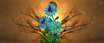 Wildflowers and butterflies. Symmetrical tree branches. 3D Rendering