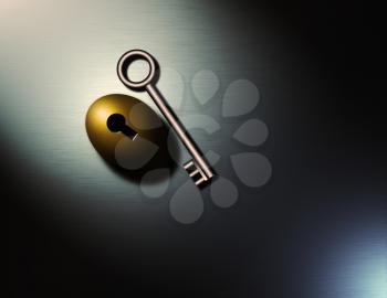 Key to prosperity. Golden nestegg with keyhole. 3D rendering.