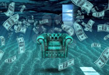 Strange underwater scene. US dollars and armchair. 3D rendering.