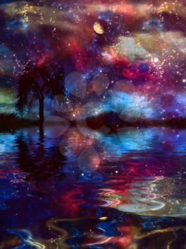 Mystic night and tree reflection with vivid sky background and full moon. 3D rendering