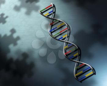 DNA strand and puzzle pieces. 3D rendering