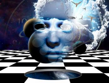 Surreal landscpae. Mystic face, spiral clock, angels and chessboard in vivid space. 3D rendering.