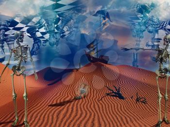 Ship travels to desolate wonderland. Surreal desert with chessboard , skeletons, and hourglass. 3D rendering