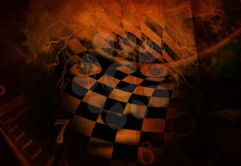 Surrealism. Woman's face with checkered pattern. Spirals of time. 3D rendering.