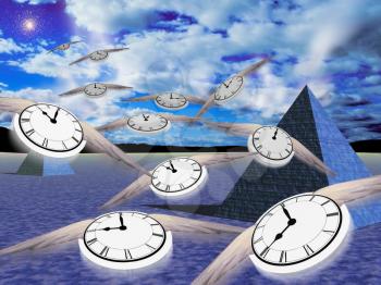 Eternal pyramids. Winged clocks represent flow of time. 3D rendering.