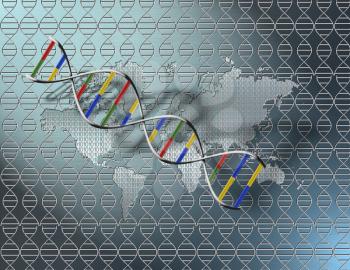 World map and binary code on seamless DNA strand pattern. Digital world DNA. 3D rendering.