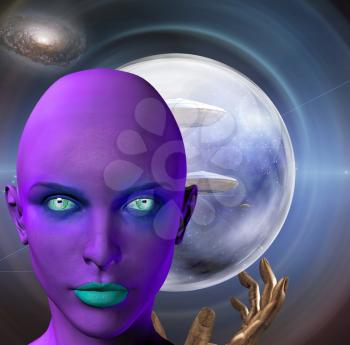 The face of female alien and praying hands. Flying saucers in deep space on a background. 3D rendering