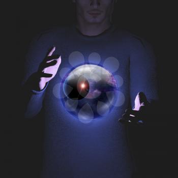 Man holds planet and space in sphere between his hands. 3D rendering