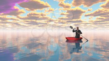 Man rowing oars in the red upturned umbrella on water. 3D rendering