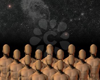 Faceless group under night sky. 3D rendering