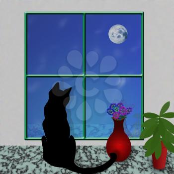 Black cat near window. 3D rendering
