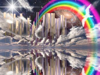 Heavenly City. Rainbow in t. 3D renderinghe sky