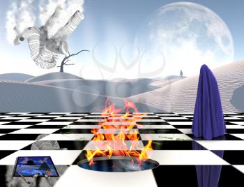 Chessboard with burning portal to another dimension. Figure of man covered by purple cloth. White sand dune, giant moon at the horizon. The paper man is falling. 3D rendering