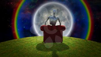 Surreal composition. Rusted alien sits in red armchair and observer bright moon in vivid universe. 3D rendering