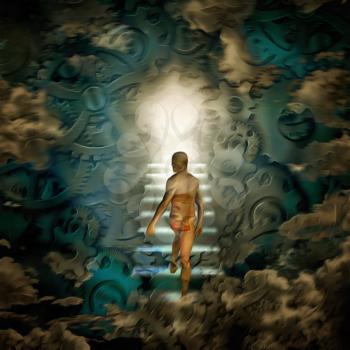 Surreal painting. Man walks to the bright light. Gears and clouds on a background. 3D rendering