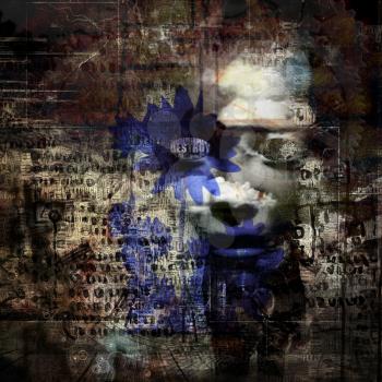 Abstract composition. Blue flowers on ancient symbols background. 3D rendering