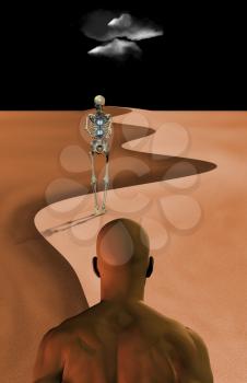 Skeleton holds hourglass and man across in abstract desert landscape. 3D rendering