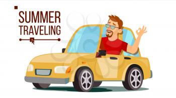 Man Travelling By Car Vector. Boy In Summer Vacation. Rides In The Car. Road Trip. Isolated Cartoon Illustration