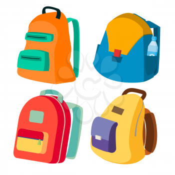 Schoolbag Set Vector. Closed Backpacks Side View. Colored School Modern Backpacks. Isolated Cartoon Illustration