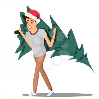 Happy Man Carrying A Christmas Tree On His Shoulder Vector. Isolated Illustration