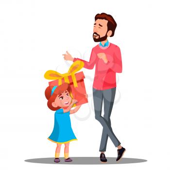Little Daughter Gives Gift To Dad Vector. Illustration