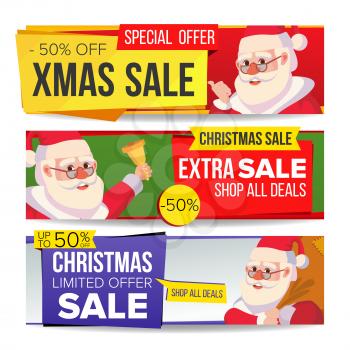 Christmas Sale Banner Vector. Merry Christmas Santa Claus. Discount Tag, Special Xmas Offer Horizontal Banners. Winter Discount And Promotion. Half Price Holidays Stickers. Isolated Illustration