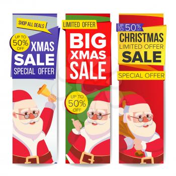 Christmas Sale Banner Set Vector. Merry Christmas Santa Claus. Online Shopping. Winter Website Vertical Banners, Holidays Promo Design. Xmas Advertising Special Element Discount. Isolated Illustration