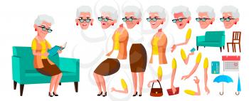 Old Woman Vector. Senior Person Portrait. Elderly People. Aged. Animation Creation Set. Face Emotions, Gestures. Cheerful Grandparent. Card Design. Animated Cartoon Illustration