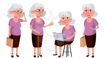 Old Woman Poses Set Vector. Elderly People. Senior Person. Aged. Beautiful Retiree. Life. Presentation, Print, Invitation Design Isolated Cartoon Illustration