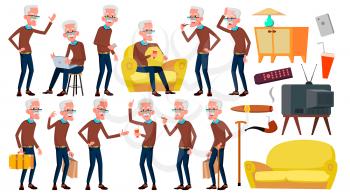 Old Man Poses Set Vector. Elderly People. Senior Person. Aged. Friendly Grandparent. Banner, Flyer, Brochure Design. Isolated Cartoon Illustration