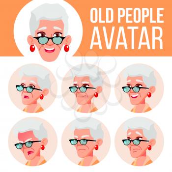 Old Woman Avatar Set Vector. Face Emotions. Senior Person Portrait. Elderly People. Aged. Beauty, Lifestyle. Cartoon Head Illustration