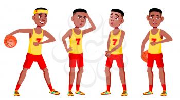 Teen Boy Poses Set Vector. Black. Afro American. Activity, Beautiful. For Postcard, Cover, Placard Design Isolated Cartoon Illustration