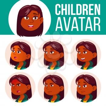 Girl Avatar Set Kid Vector. Primary School. Indian, Hindu. Asian. Face Emotions. User, Character Leisure Smile Layout Advertising Head Illustration