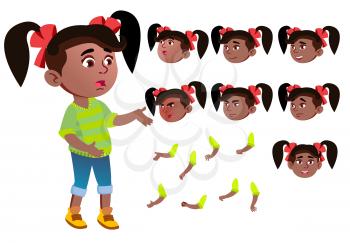 Girl, Child, Kid, Teen Vector. Black. Afro American. Beautiful. Youth, Caucasian Face Emotions Various Gestures Animation Creation Set Isolated Flat Cartoon Illustration