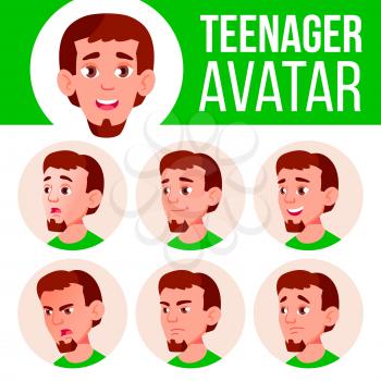 Teen Boy Avatar Set Vector. Face Emotions. Flat, Portrait. Cute, Comic Web Head Illustration