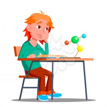 Little Boy In The Class Of Chemistry, Physics Vector Boring. Isolated Illustration