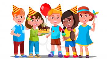 Boys And Girls Celebrate Birthday Of Child Vector. Illustration