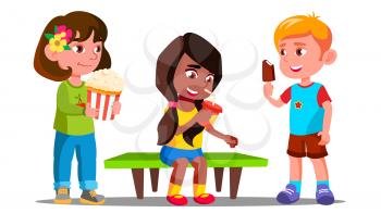 Group Of Boys And Girls Eating Together Vector. Illustration