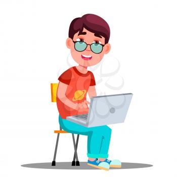 Child In Glasses At The Laptop Vector. Illustration