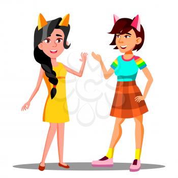 Cute Teen Girls With Cat Ears On Head Vector. Illustration