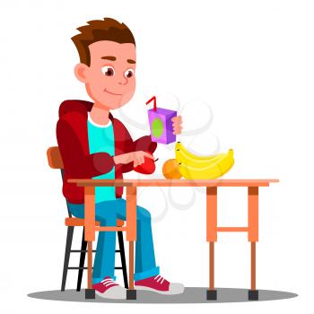 Child At The Dinner Table With Fruit And Juice In Hand Vector. Food. Illustration