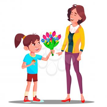 Little Girl Gives Flowers To Mother, Happy Mother S Day Vector. Present, Gift. Illustration