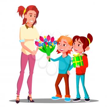Children Give Flowers And Gifts To Mother Vector. Present, Gift. Illustration