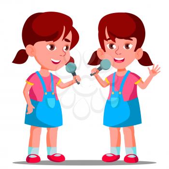 Beautiful Little Girl Sings Into The Microphone Vector. Artist Sing Song. Illustration